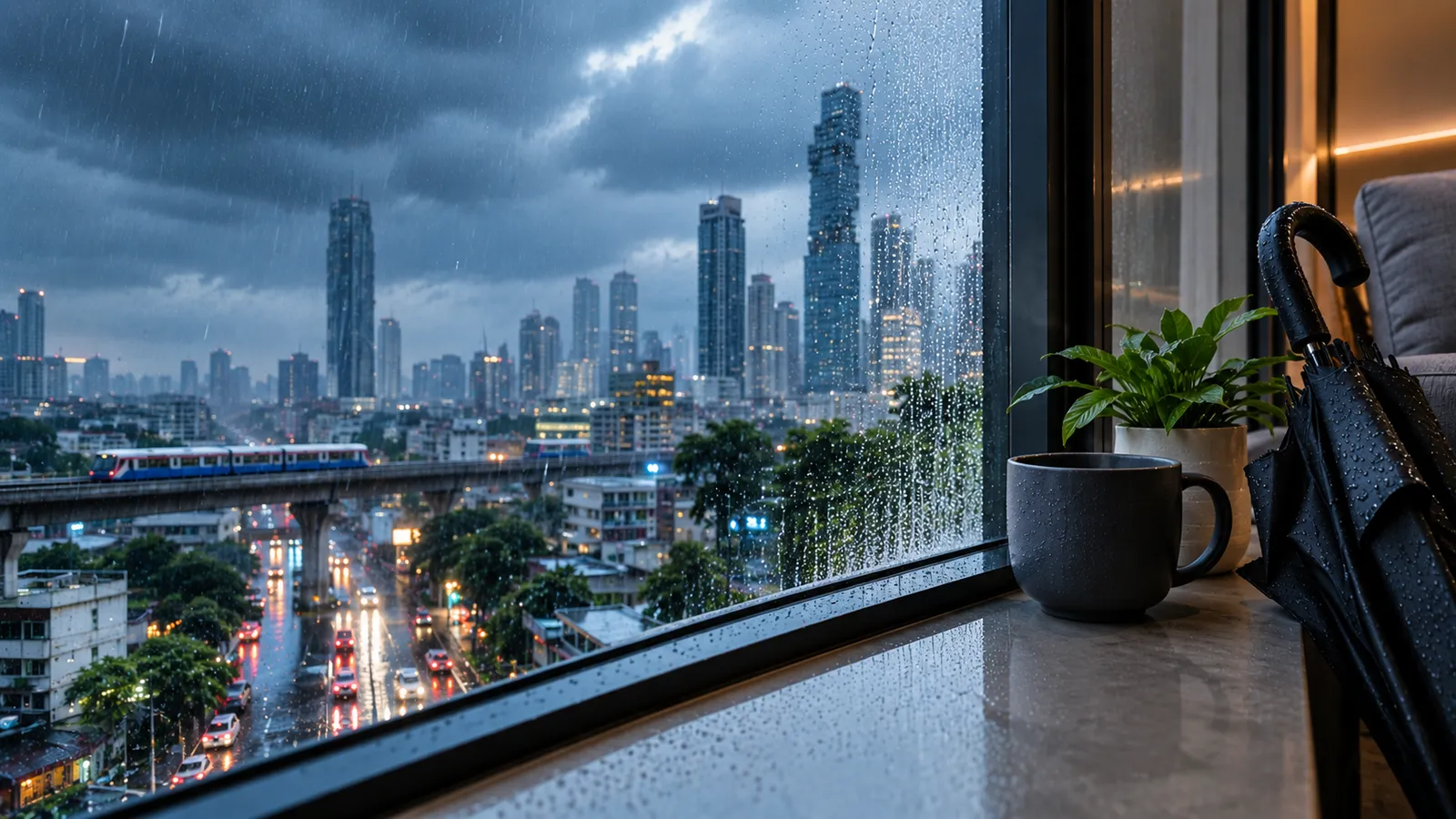 Heavy rain on a Bangkok condo window at dusk, the city skyline beyond: the season residents and property management prepare for together