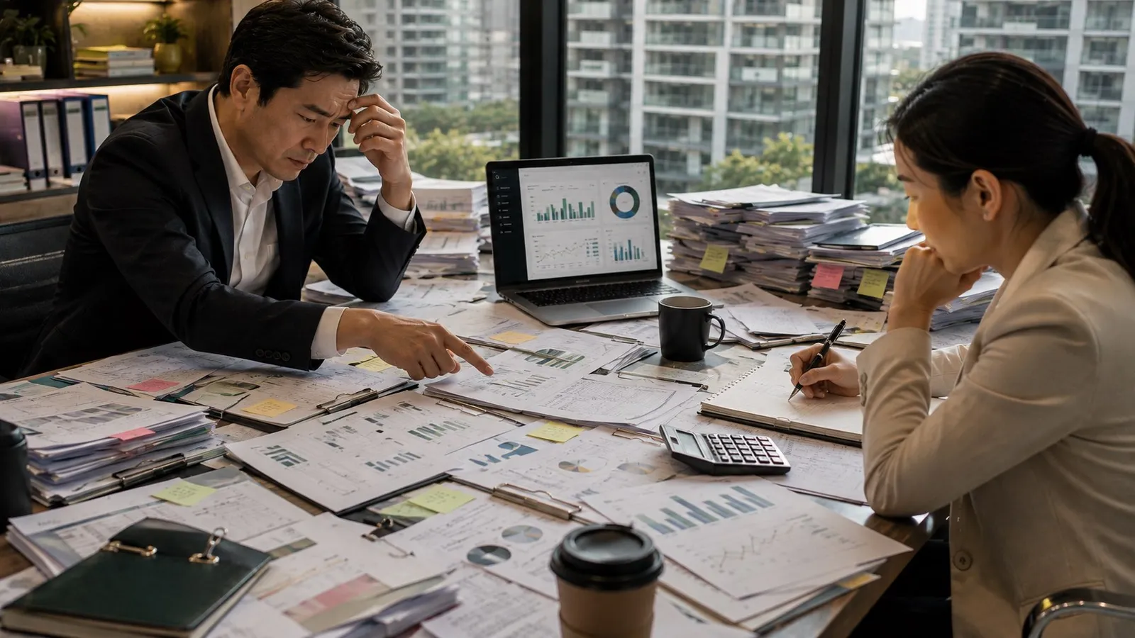A condo committee comparing property management company proposals at a meeting table