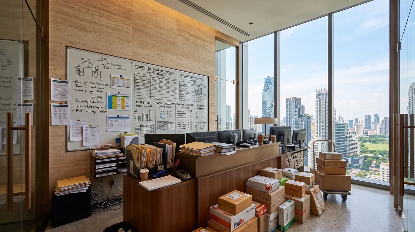 A condo juristic office: a building dashboard drawn by hand on a whiteboard, maintenance and security rotas pinned beside it, stacks of paperwork on the front desk, and undelivered parcels piled on the floor