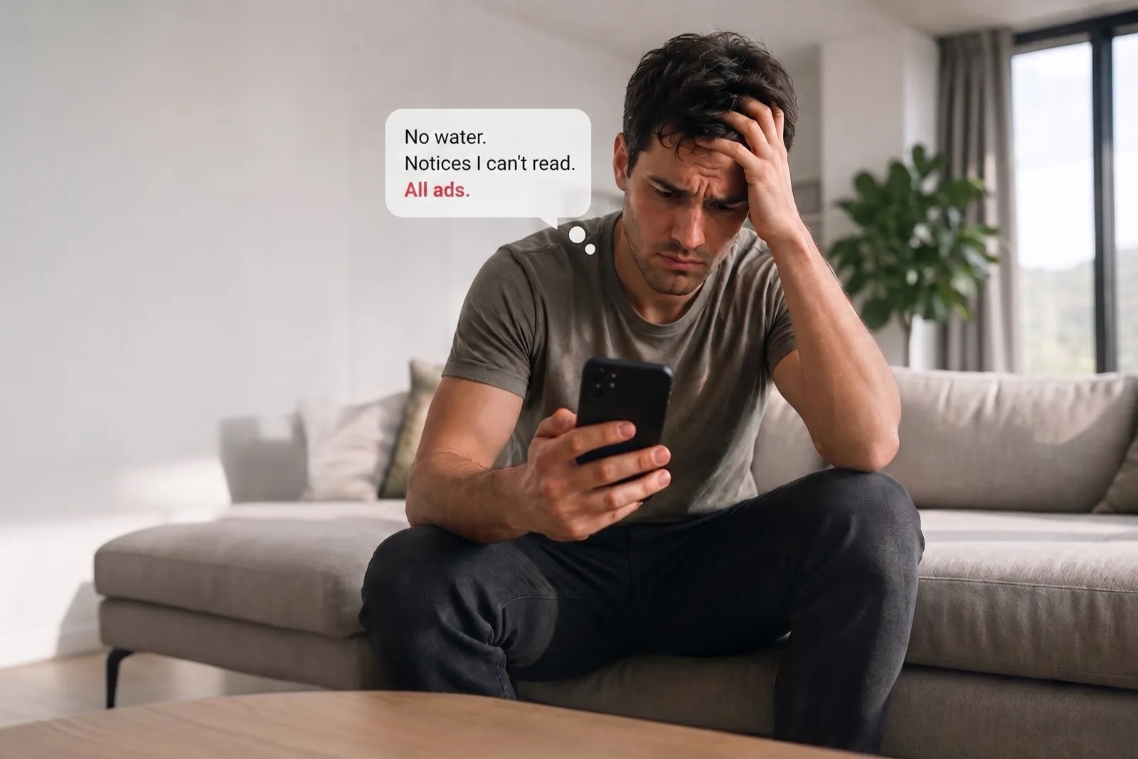 An expat resident on his condo sofa, head in hand, looking at a phone showing ads instead of a translated notice